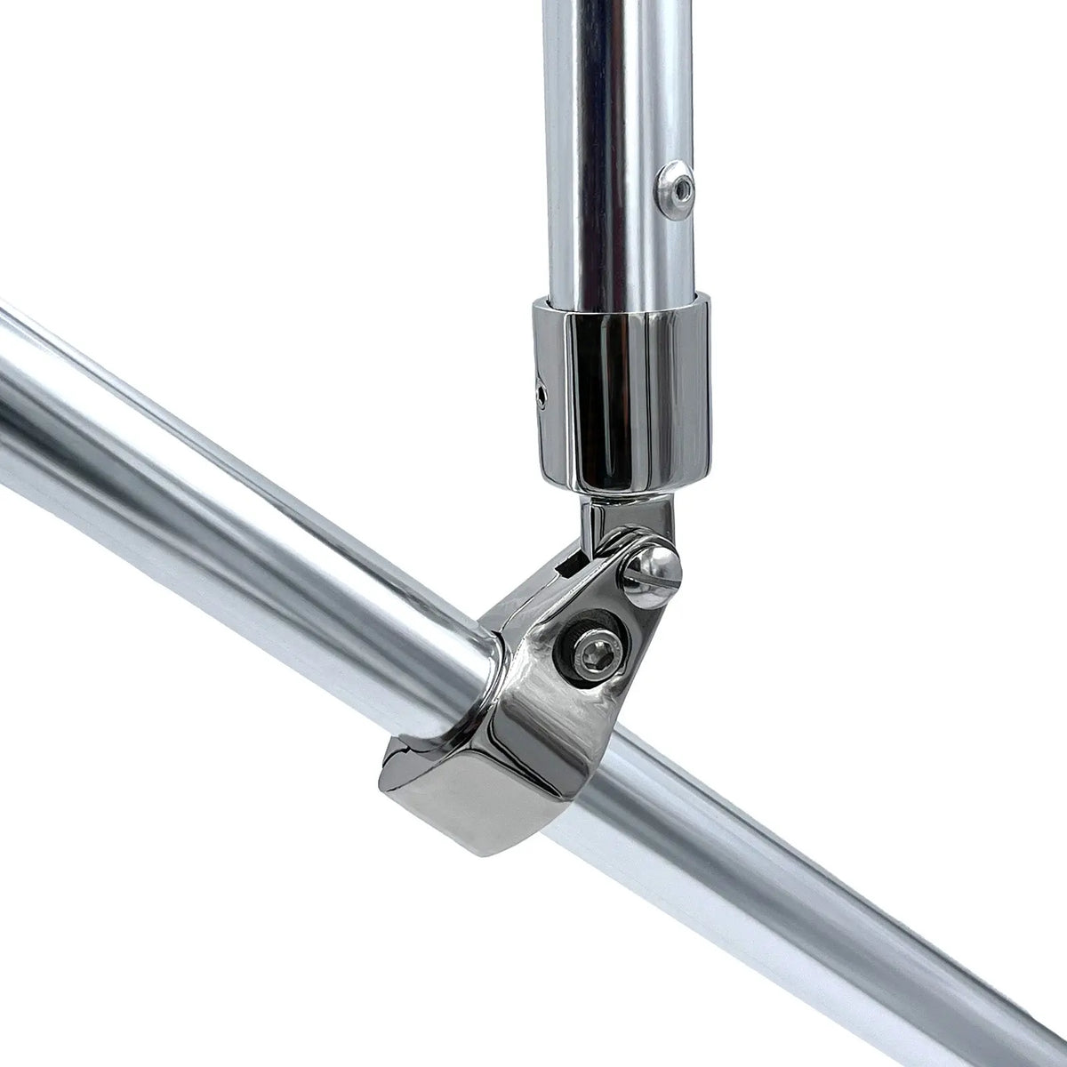 Close up of a hinged jaw slide rail mount attached to a bimini top pole.