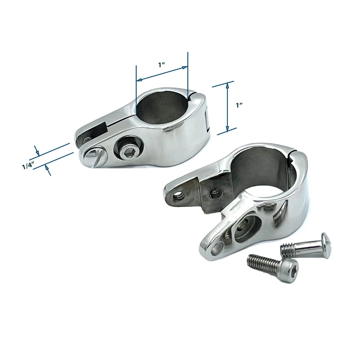 Two hinged jaw slide rail mounts with dimensions for circle diameter, mount width, and height.