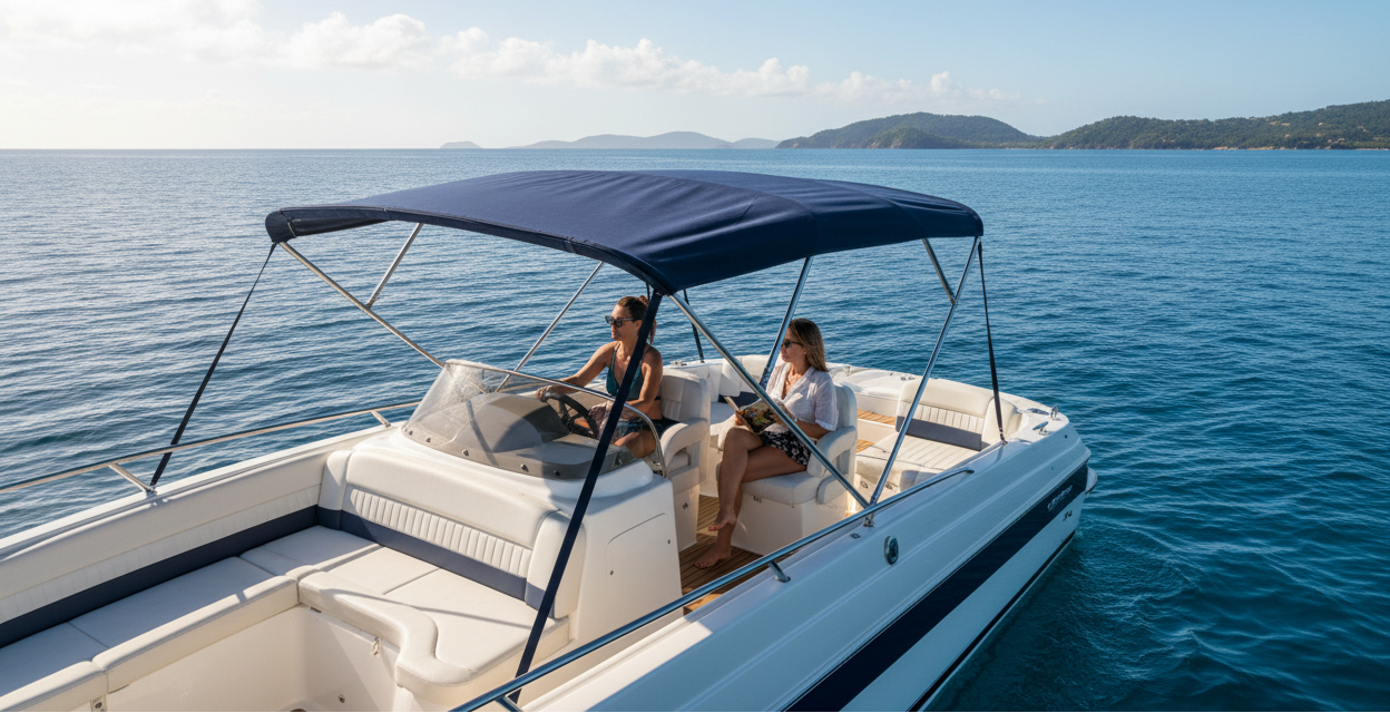 Two people on a boat with a navy bimini top giving them shade in the middle of a body of water with a clear sky.