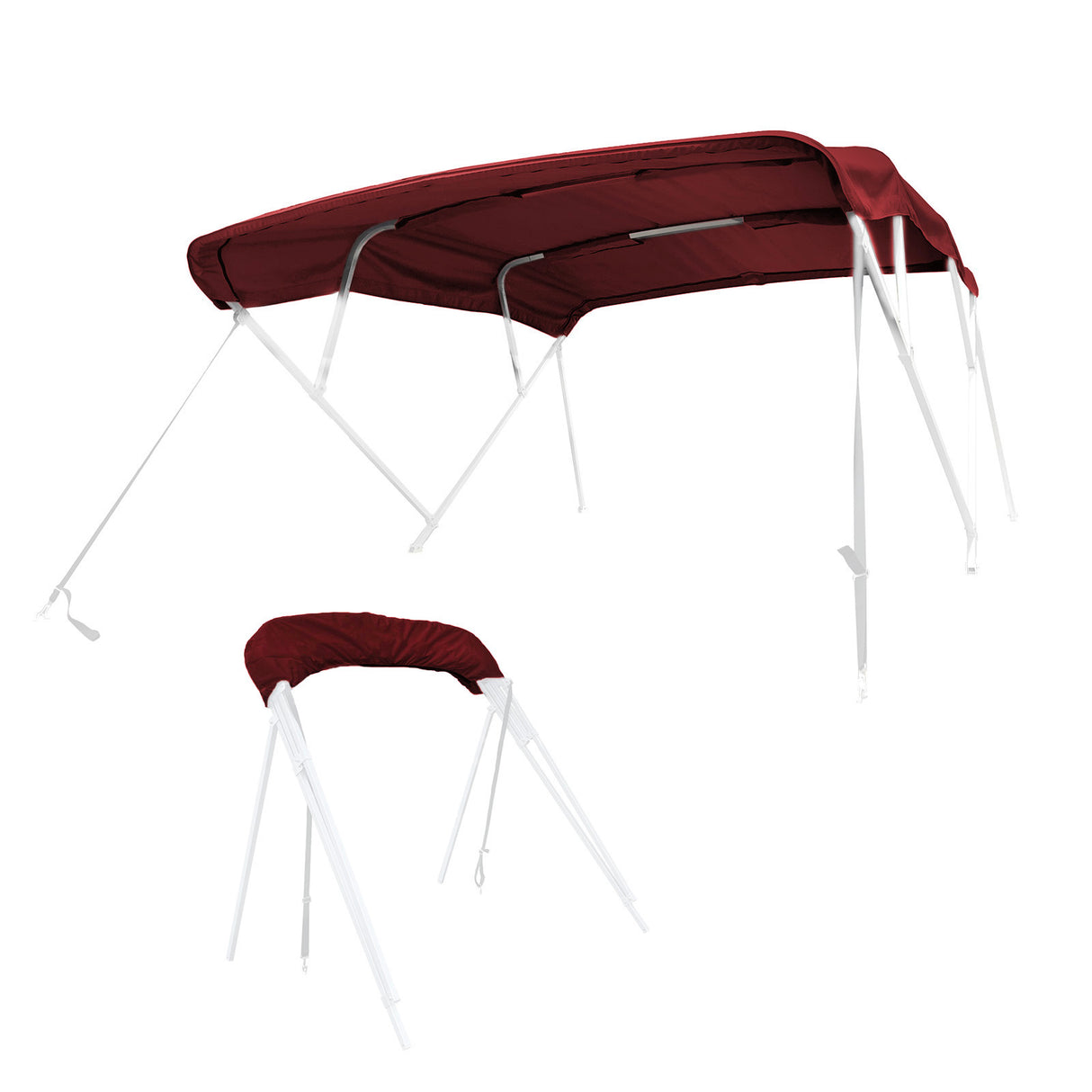 Burgundy bimini top replacement canvas fitted on a bimini frame, shown from multiple angles, fully open and stored in a protective boot.