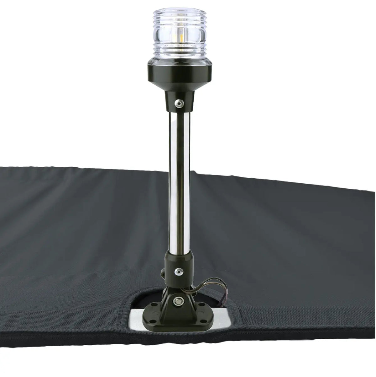 Black Bimini top replacement canvas with cutout for marine navigation light.