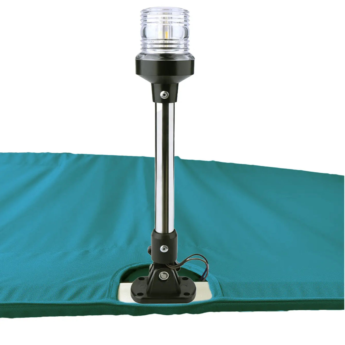 Teal Bimini top replacement canvas with cutout for marine navigation light.