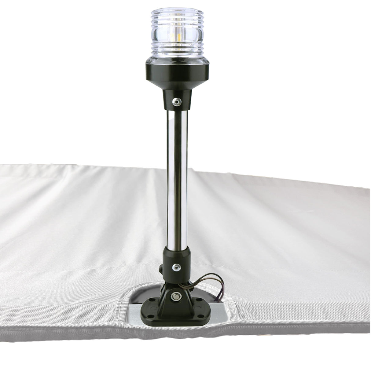 White Bimini top replacement canvas with cutout for marine navigation light.
