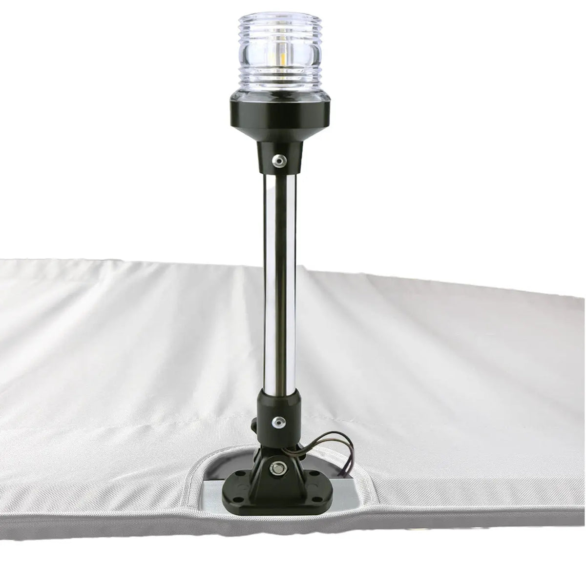 White Bimini top replacement canvas with cutout for marine navigation light.