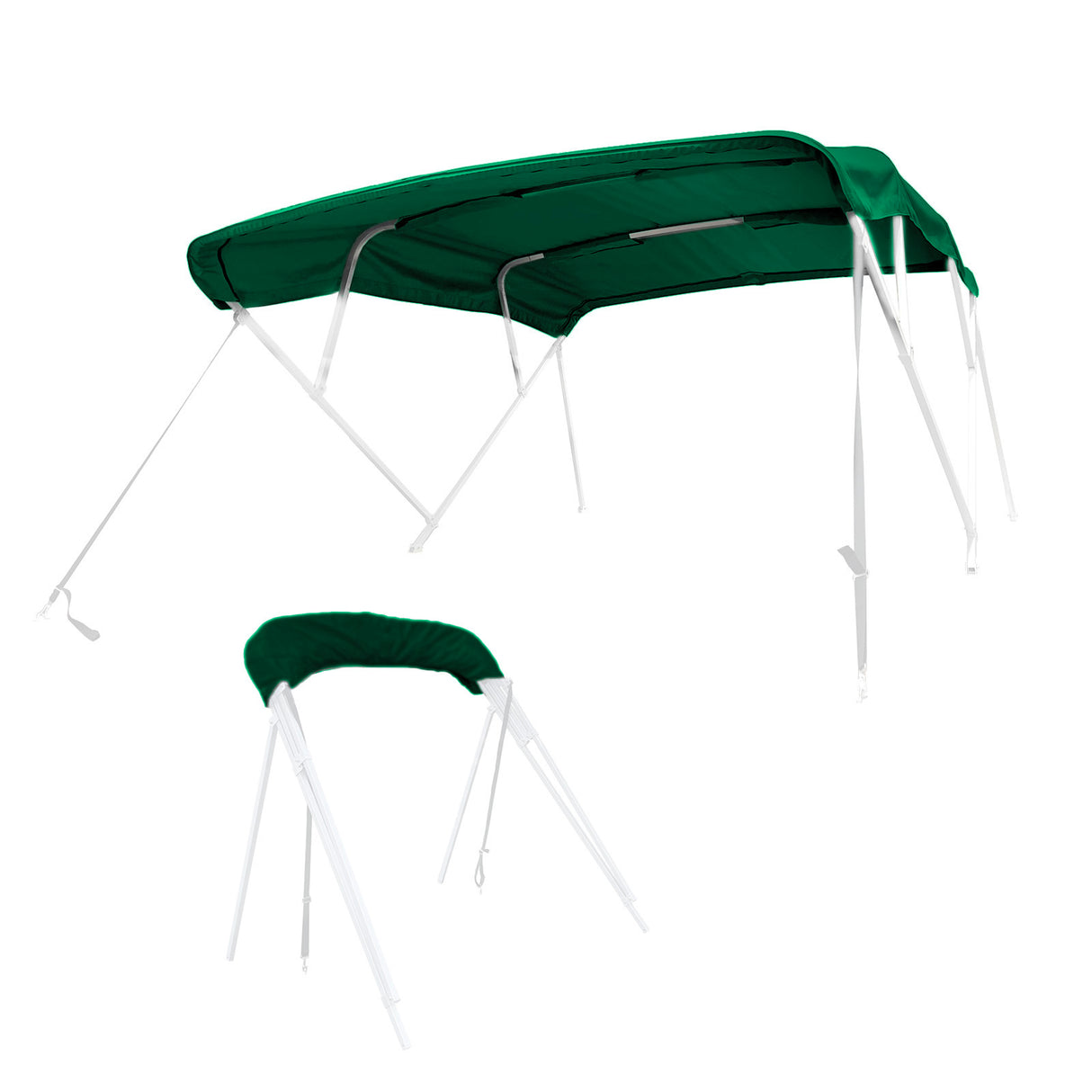 Green bimini top replacement canvas fitted on a bimini frame, shown from multiple angles, fully open and stored in a protective boot.