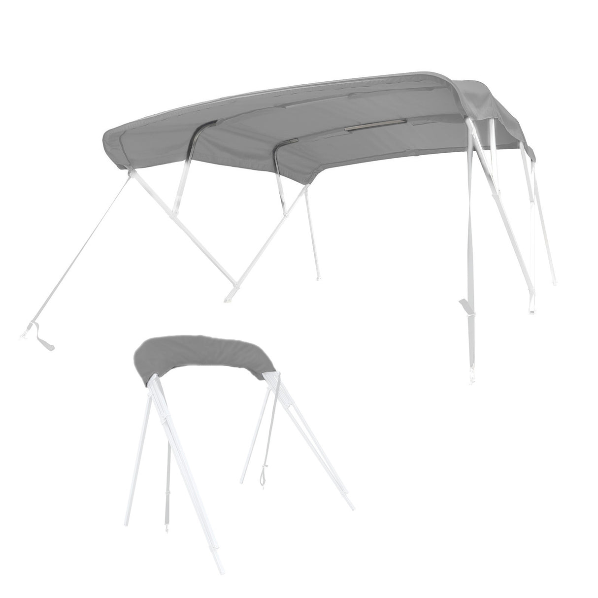 Gray bimini top replacement canvas fitted on a bimini frame, shown from multiple angles, fully open and stored in a protective boot.