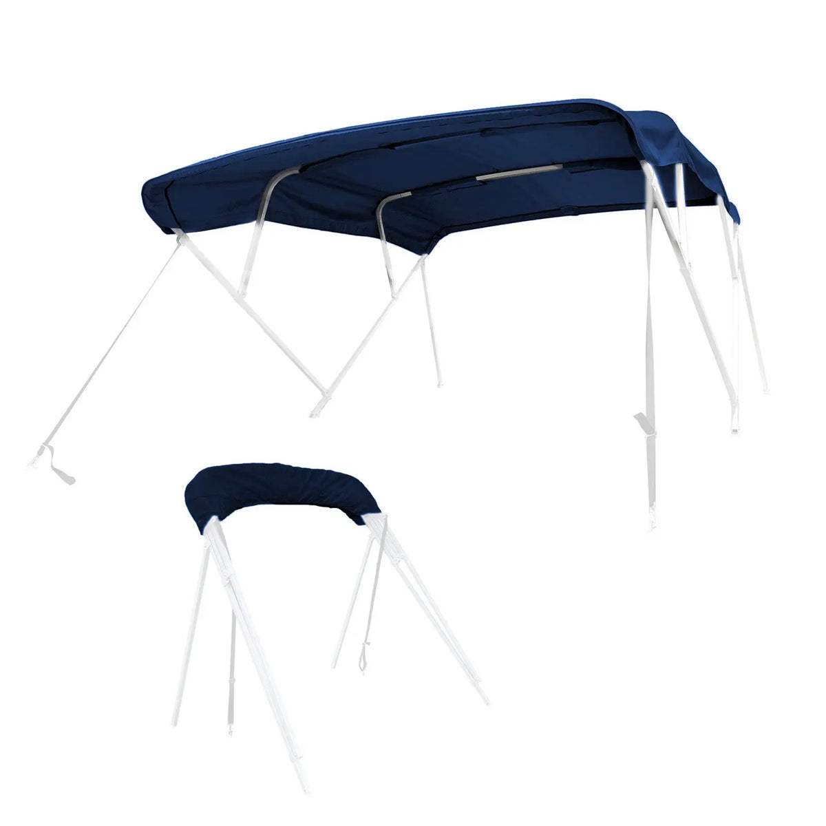 Navy bimini top replacement canvas fitted on a bimini frame, shown from multiple angles, fully open and stored in a protective boot.