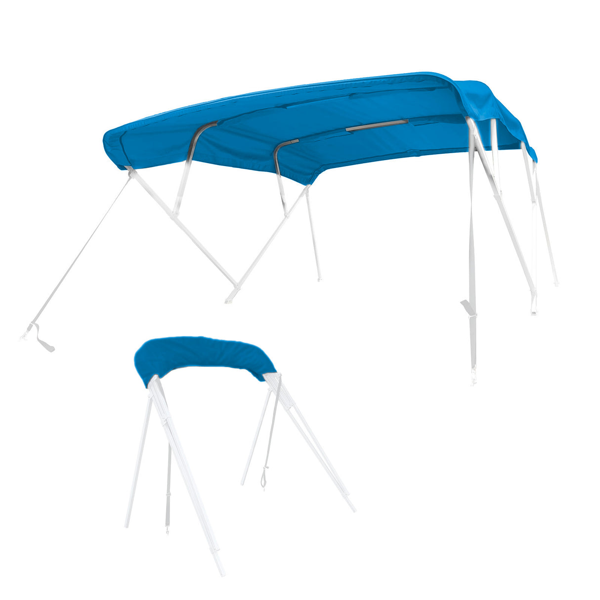 Blue bimini top replacement canvas fitted on a bimini frame, shown from multiple angles, fully open and stored in a protective boot.