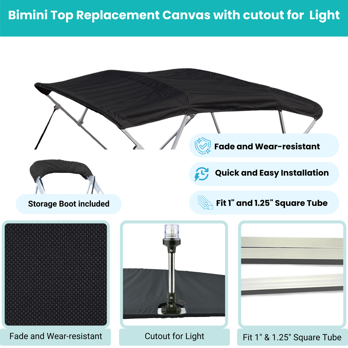 Black Bimini top replacement canvas include storage boot, both with cutout for light, featuring fade and wear-resistant material.