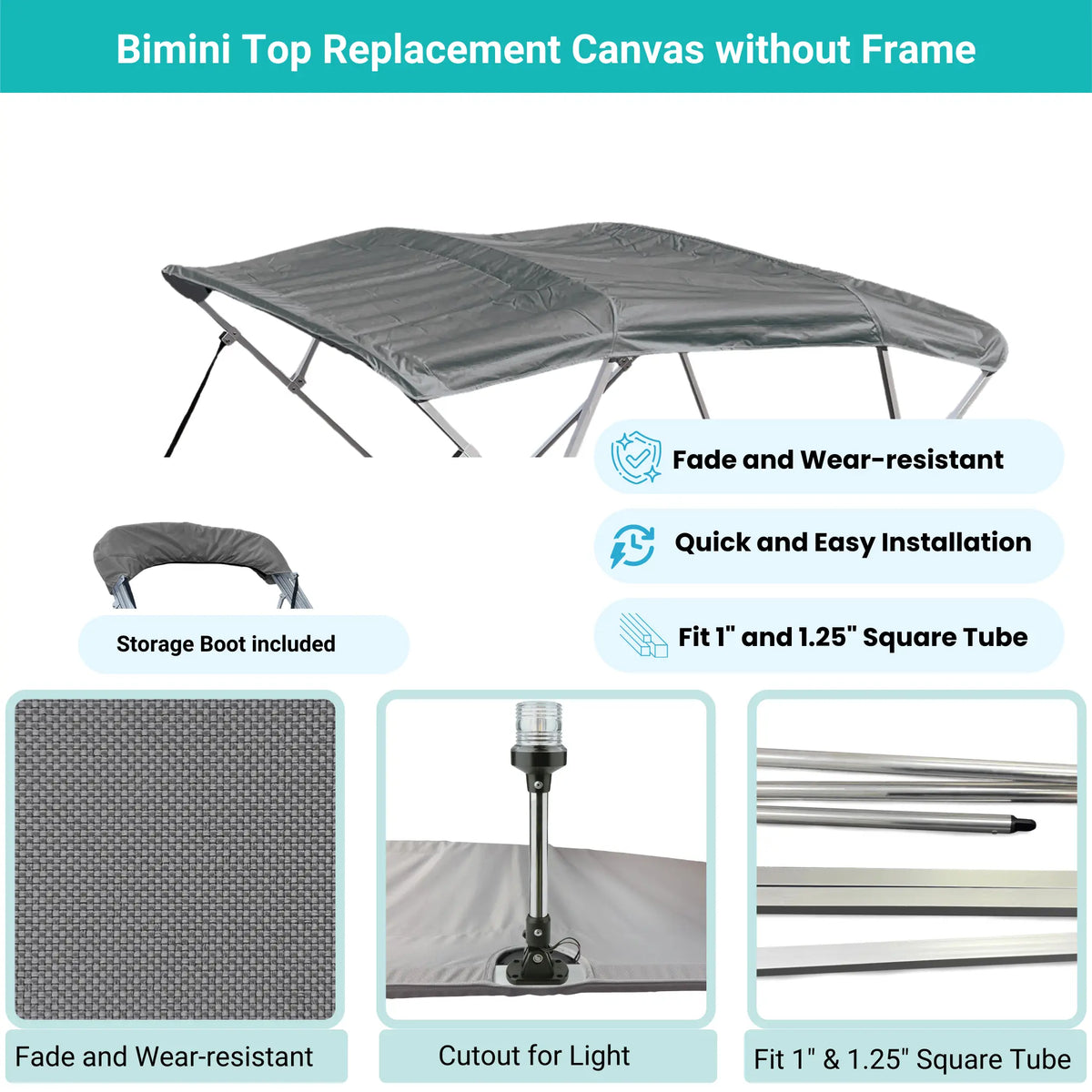 Gray Bimini top replacement canvas include storage boot, both with cutout for light, featuring fade and wear-resistant material.