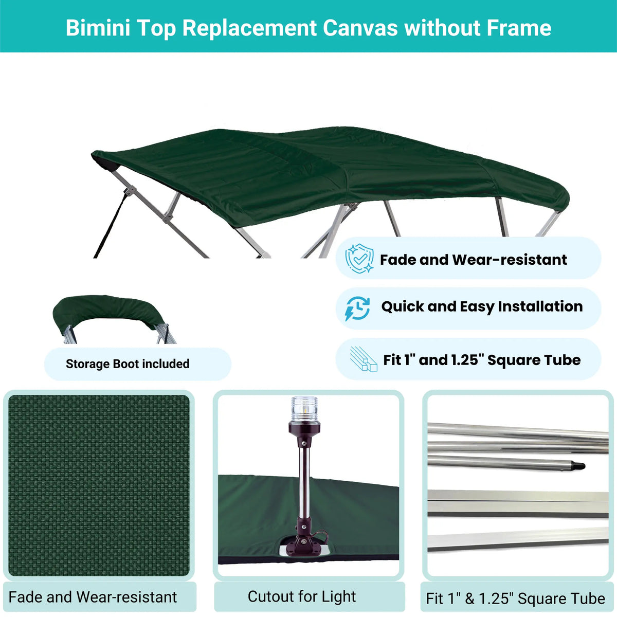 Green 4-bow Bimini top with durable marine polyester canvas, featuring bound hems and zipper sleeves for easy setup.
