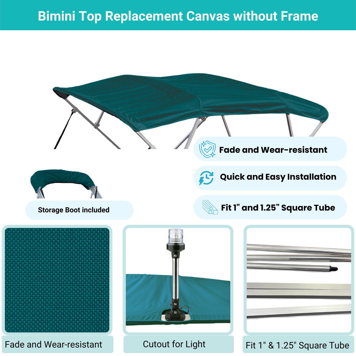 Teal Bimini top replacement canvas include storage boot, both with cutout for light, featuring fade and wear-resistant material.