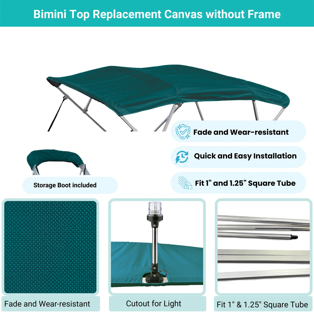 Teal Bimini top replacement canvas include storage boot, both with cutout for light, featuring fade and wear-resistant material.