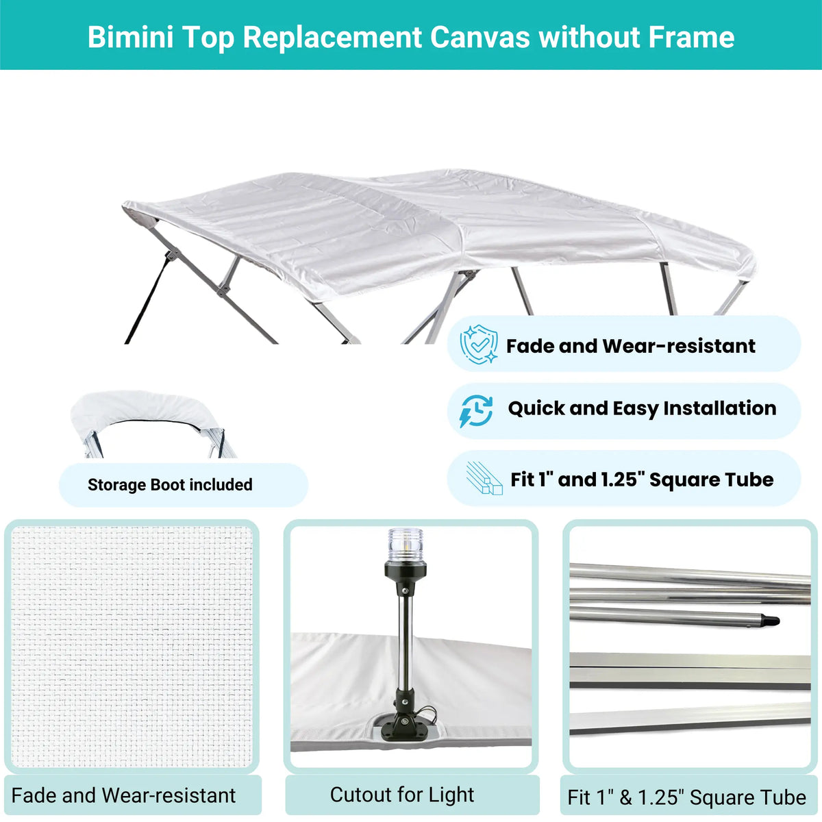White Bimini top replacement canvas include storage boot, both with cutout for light, featuring fade and wear-resistant material.