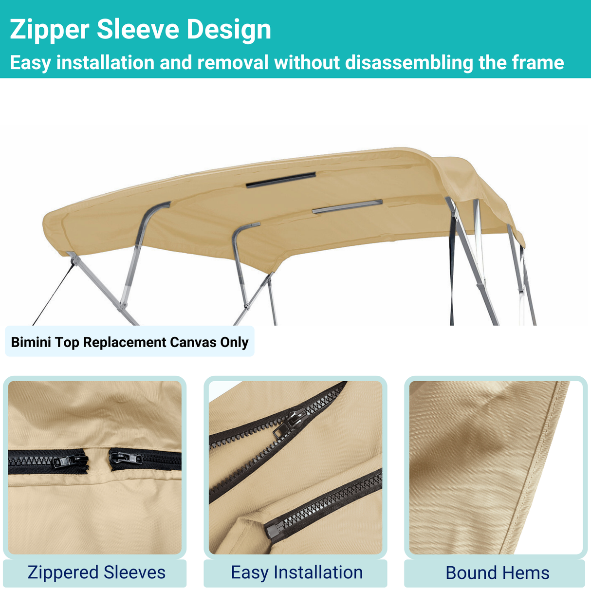 Beige 4-bow Bimini top with durable marine polyester canvas, featuring bound hems and zipper sleeves for easy setup.