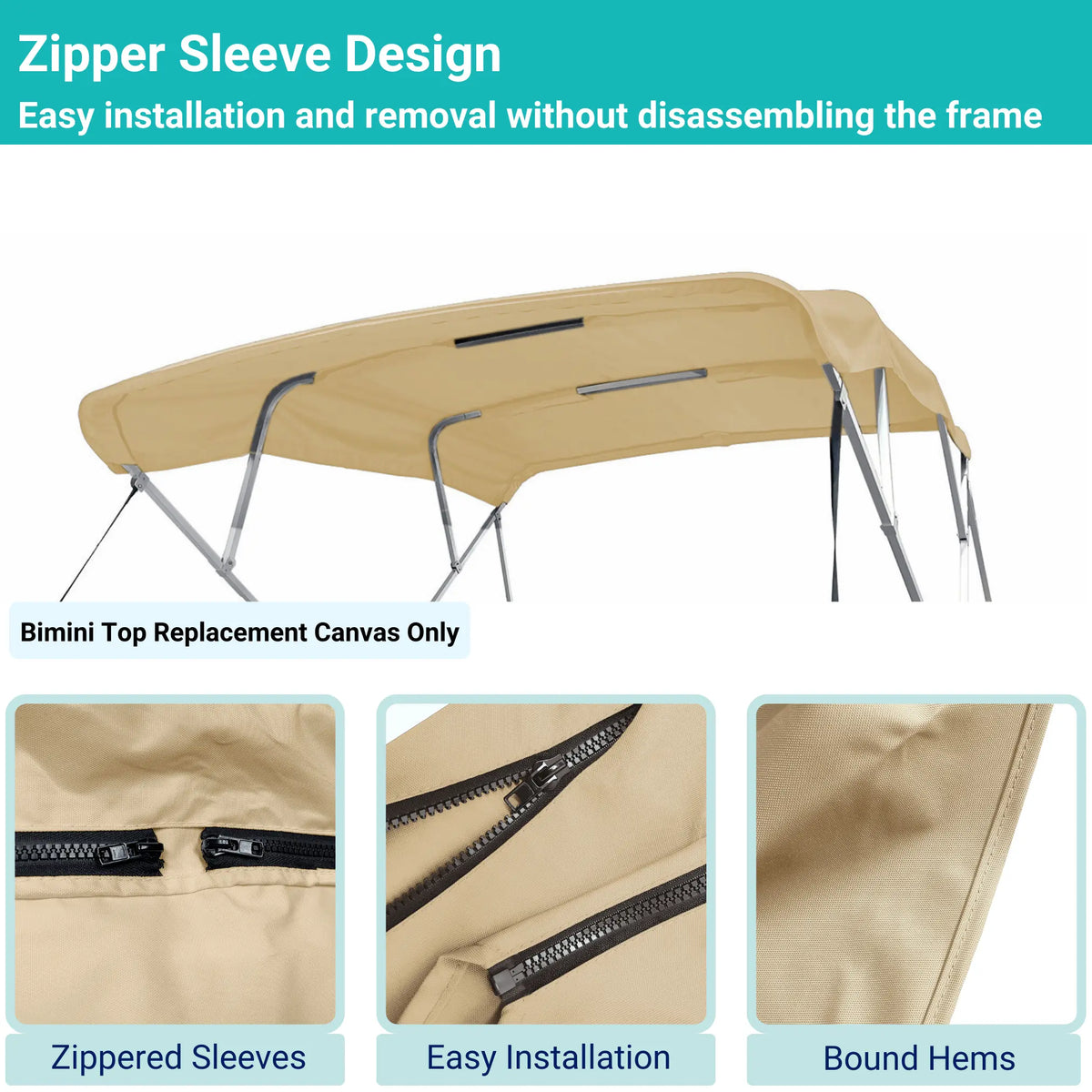 Beige 4-bow Bimini top with durable marine polyester canvas, featuring bound hems and zipper sleeves for easy setup.