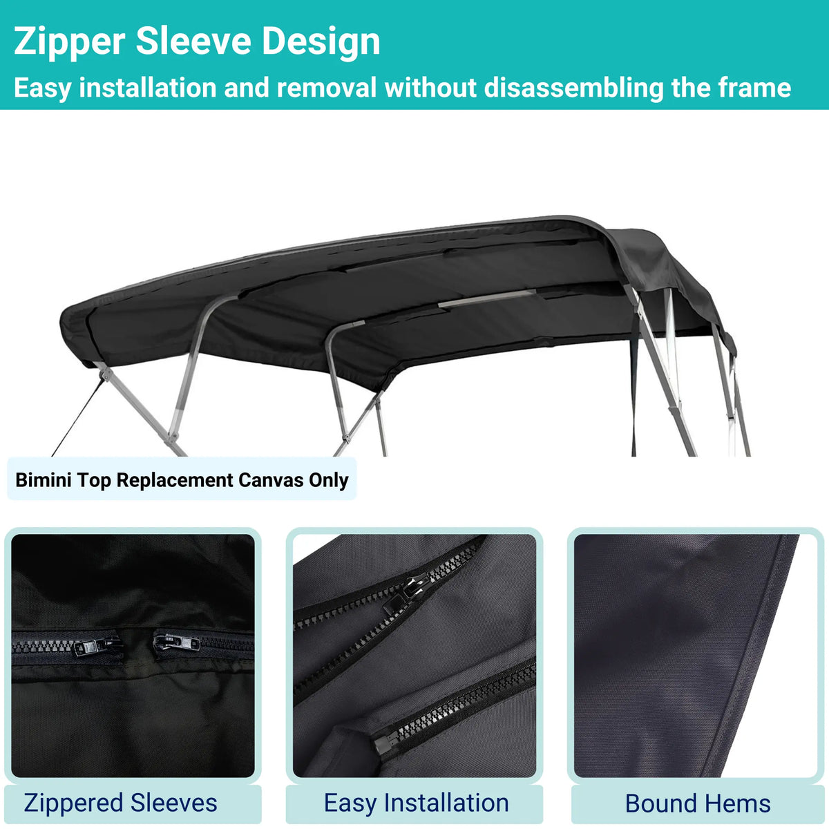 Black 4-bow Bimini top with durable marine polyester canvas, featuring bound hems and zipper sleeves for easy setup.