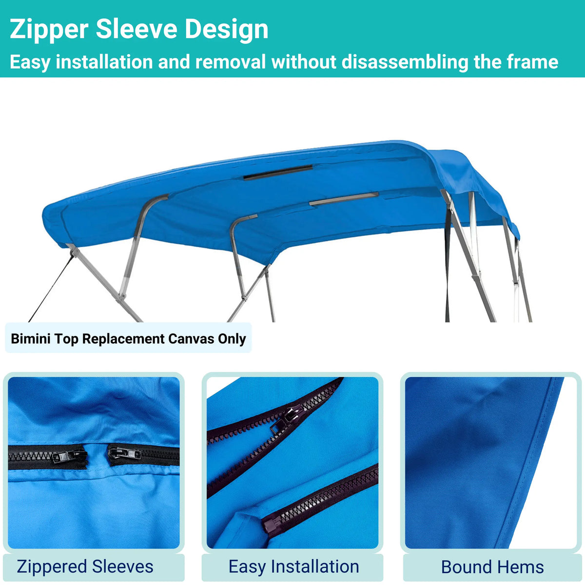 Blue 4-bow Bimini top with durable marine polyester canvas, featuring bound hems and zipper sleeves for easy setup.