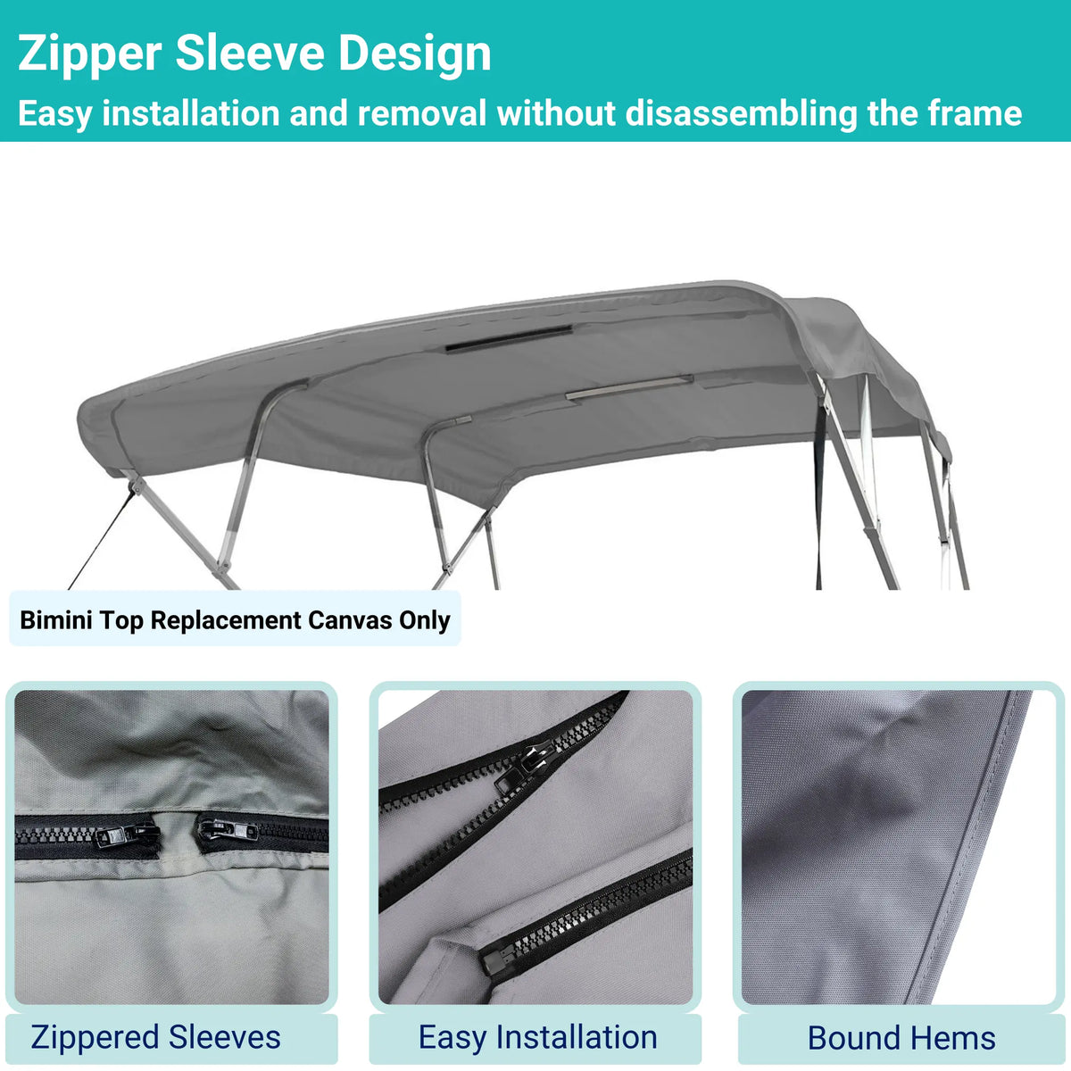 Gray replacement canvas with durable marine polyester canvas, featuring bound hems and zipper sleeves for easy setup.