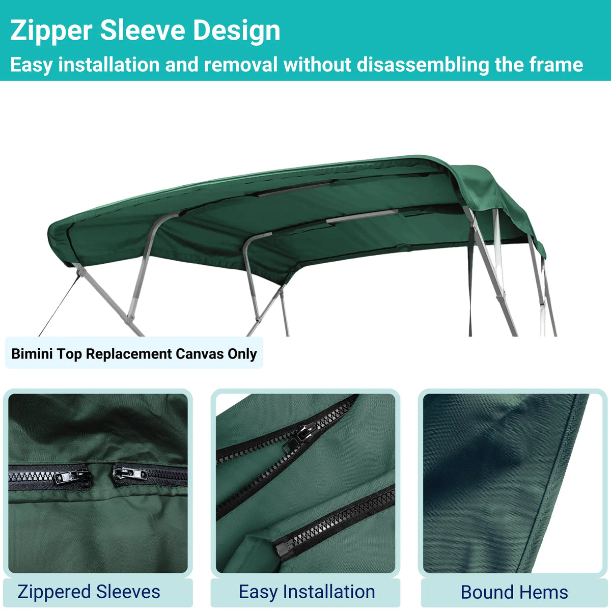Green Bimini top replacement canvas include storage boot, both with cutout for light, featuring fade and wear-resistant material.