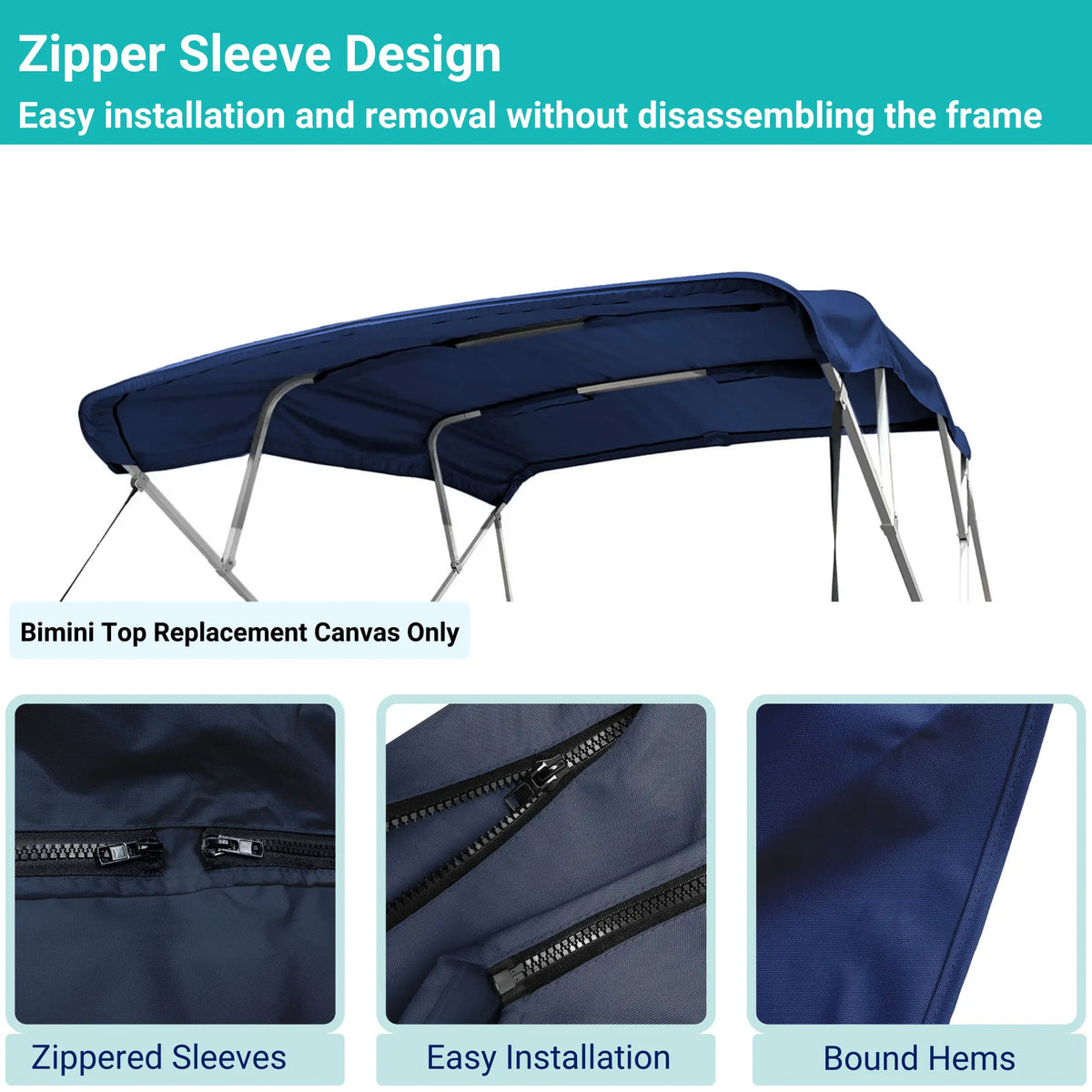 Navy 4-bow Bimini top with durable marine polyester canvas, featuring bound hems and zipper sleeves for easy setup.