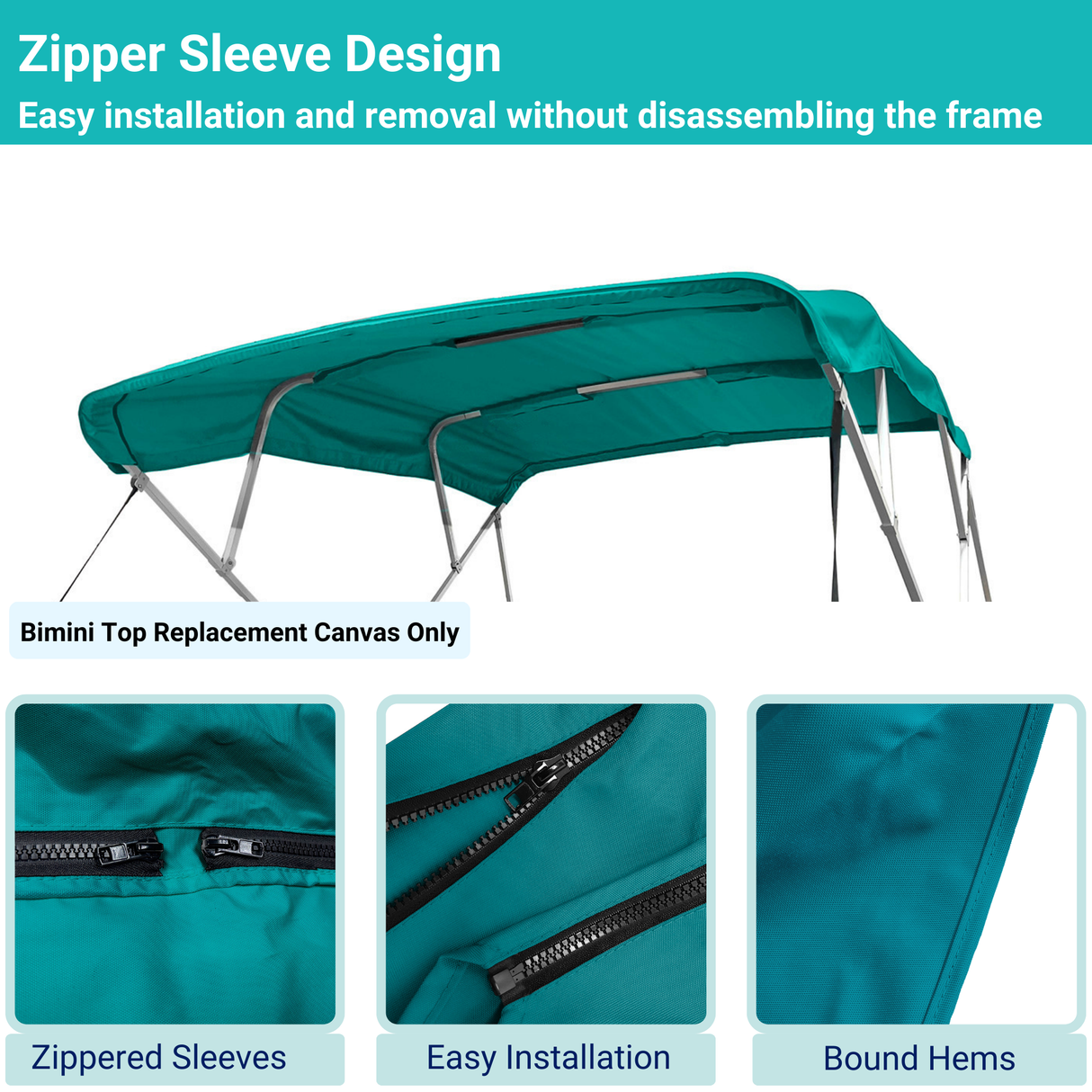Teal replacement canvas with durable marine polyester canvas, featuring bound hems and zipper sleeves for easy setup.