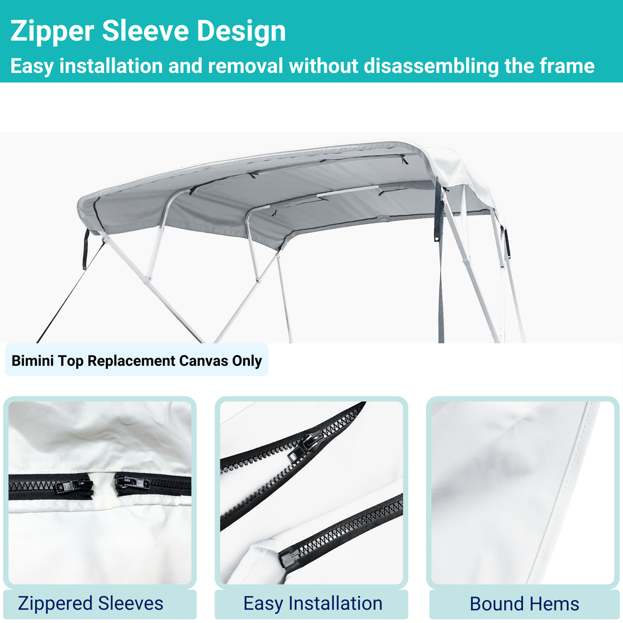 White 4-bow Bimini top with durable marine polyester canvas, featuring bound hems and zipper sleeves for easy setup.