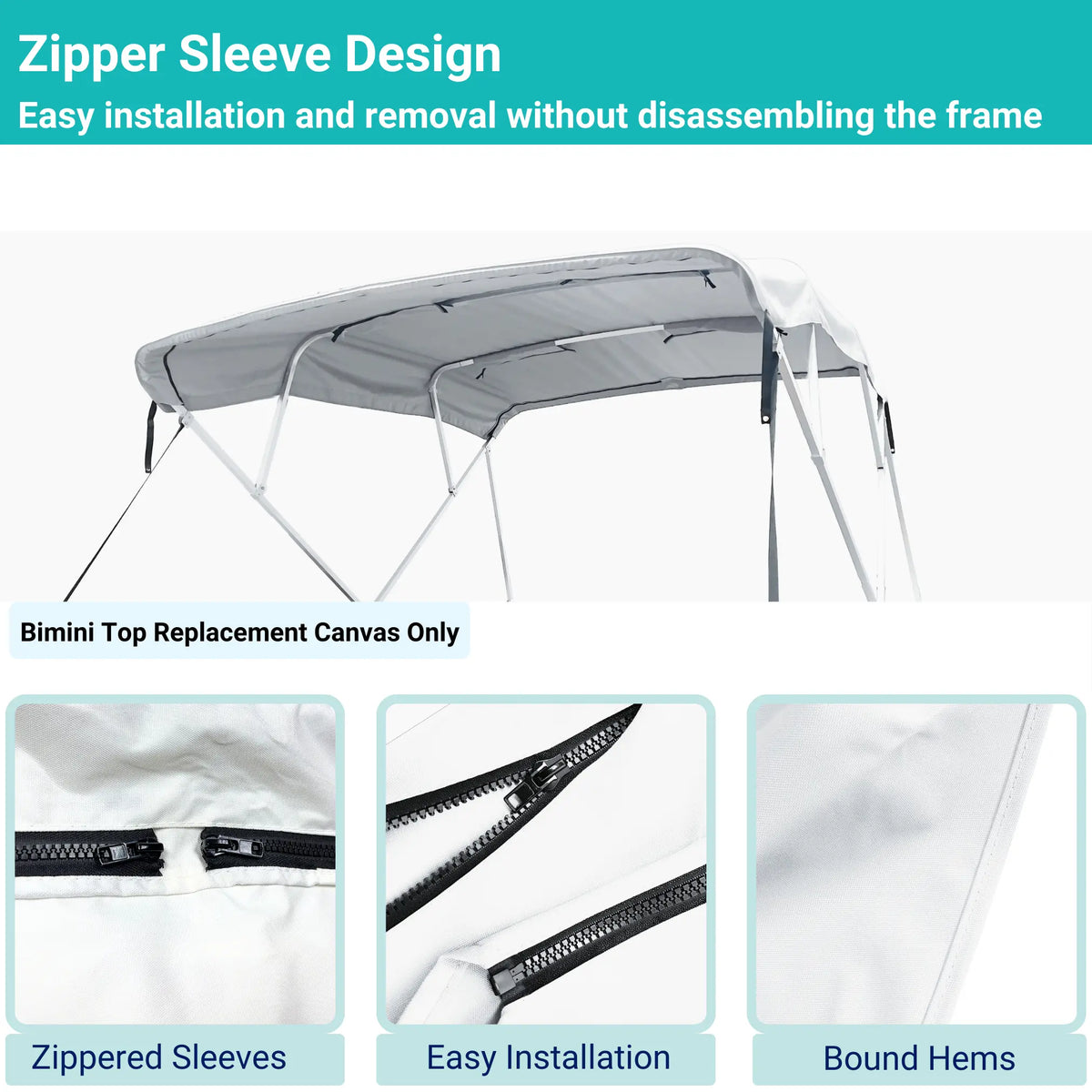 White 4-bow Bimini top with durable marine polyester canvas, featuring bound hems and zipper sleeves for easy setup.