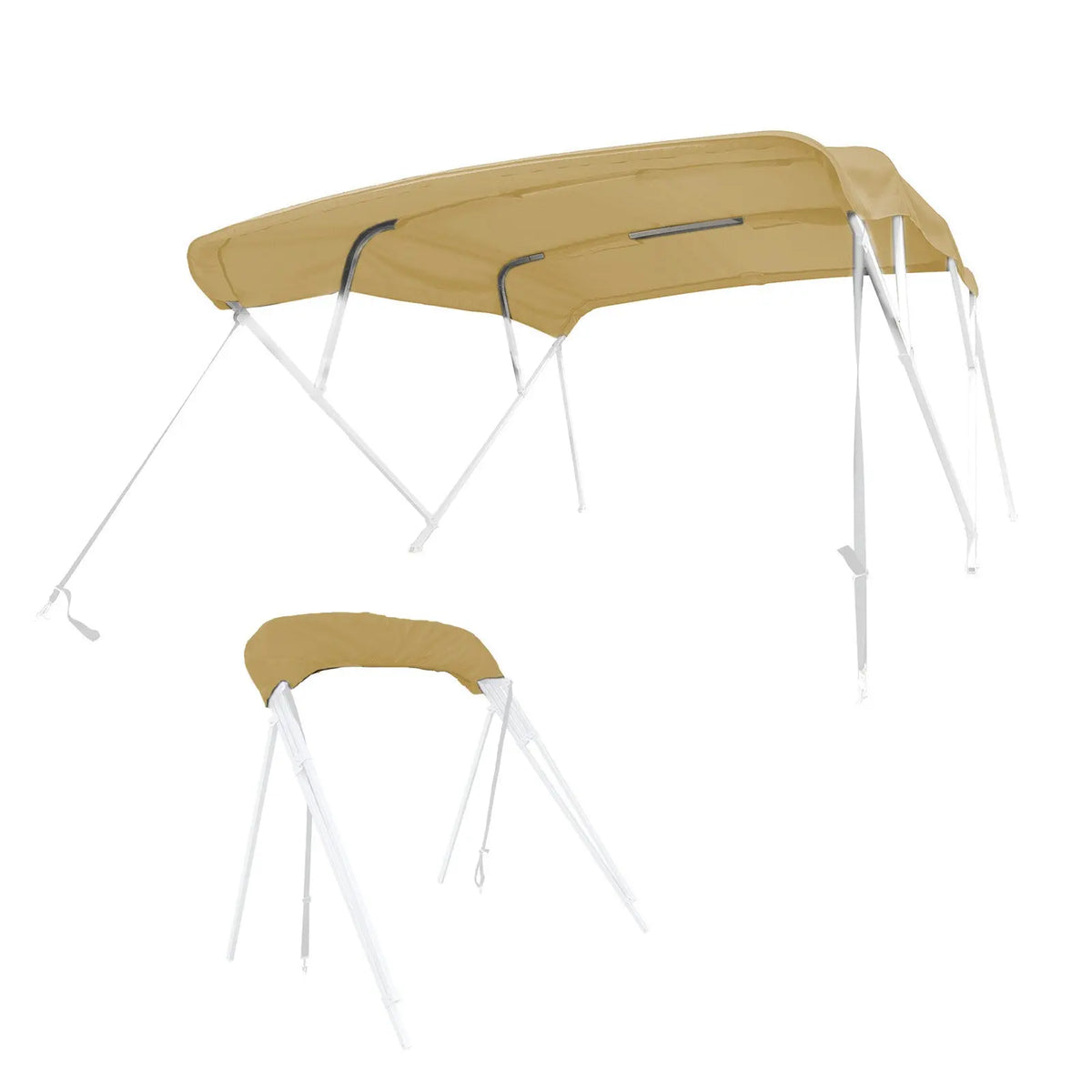 Beige bimini top replacement canvas fitted on a bimini frame, shown from multiple angles, fully open and stored in a protective boot.