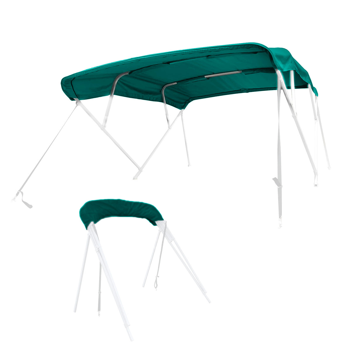 Teal bimini top replacement canvas fitted on a bimini frame, shown from multiple angles, fully open and stored in a protective boot.