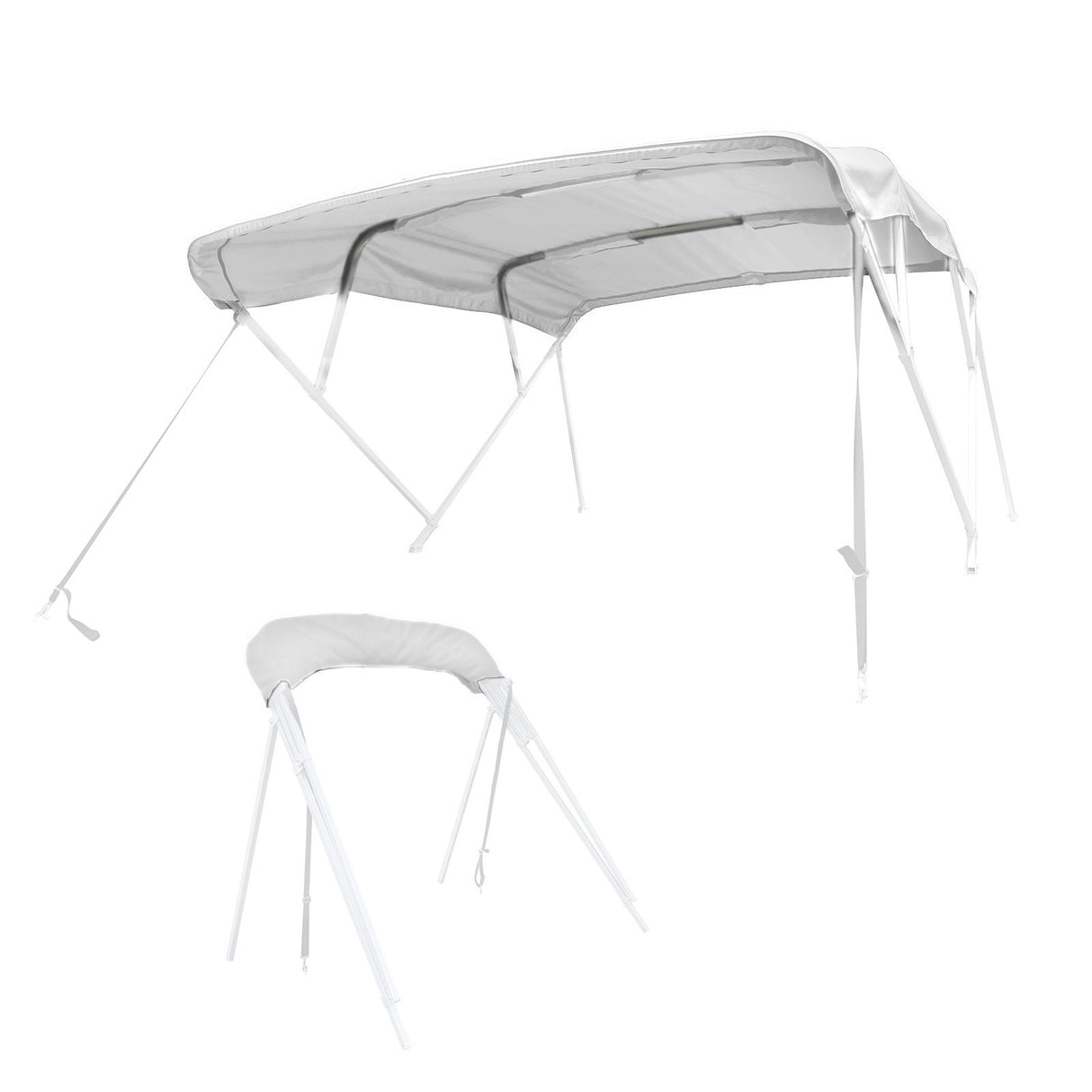 White bimini top replacement canvas fitted on a bimini frame, shown from multiple angles, fully open and stored in a protective boot.