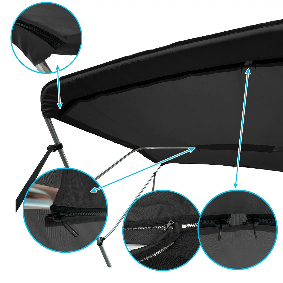 Black replacement canvas with durable marine polyester canvas, featuring bound hems and zipper sleeves for easy setup.