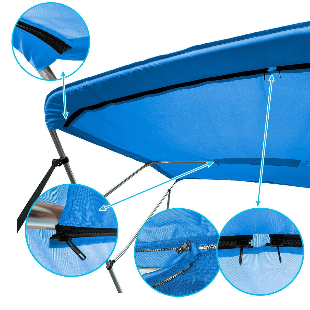 Blue 4-bow Bimini top with durable marine polyester canvas, featuring bound hems and zipper sleeves for easy setup.