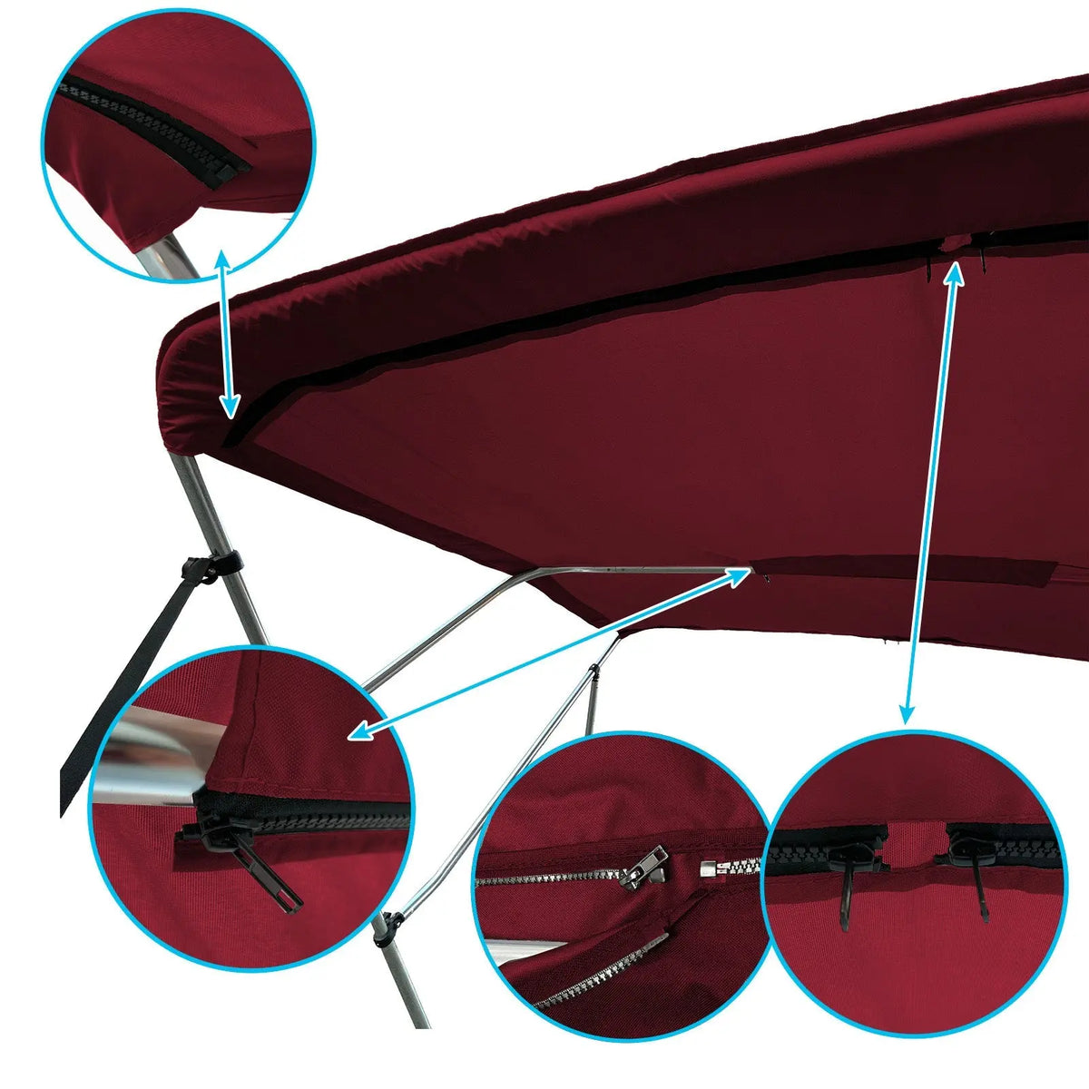 Burgundy replacement canvas with durable marine polyester canvas, featuring bound hems and zipper sleeves for easy setup.