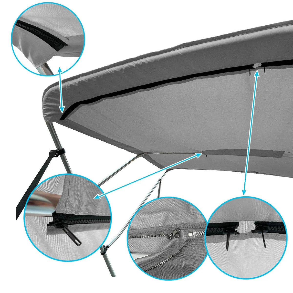 Gray replacement canvas with durable marine polyester canvas, featuring bound hems and zipper sleeves for easy setup.