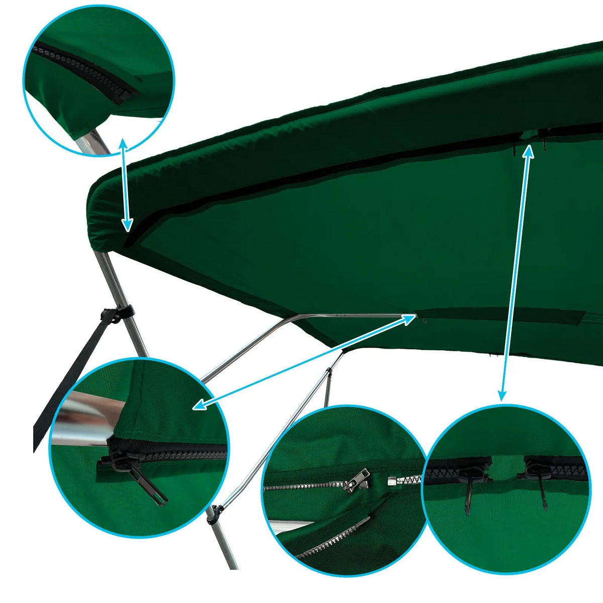Green replacement canvas with durable marine polyester canvas, featuring bound hems and zipper sleeves for easy setup.