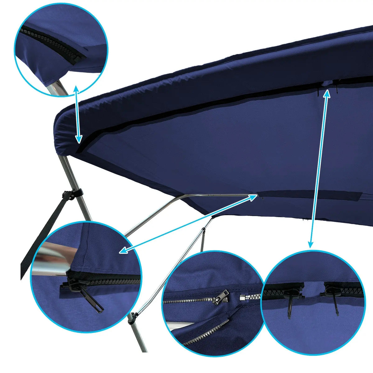 Navy replacement canvas with durable marine polyester canvas, featuring bound hems and zipper sleeves for easy setup.