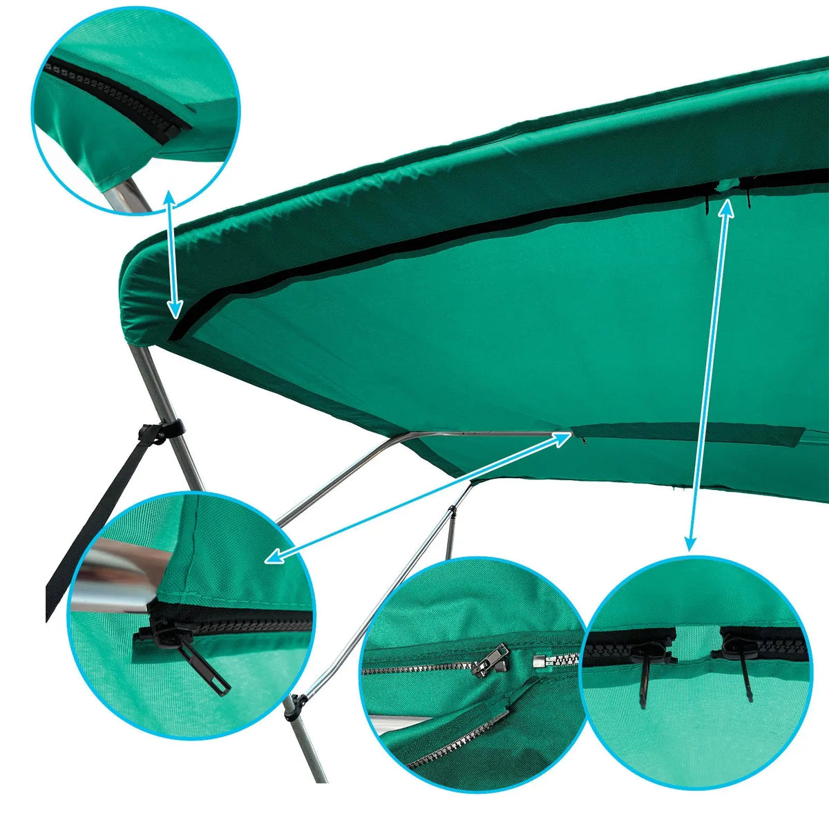 Teal replacement canvas with durable marine polyester canvas, featuring bound hems and zipper sleeves for easy setup.