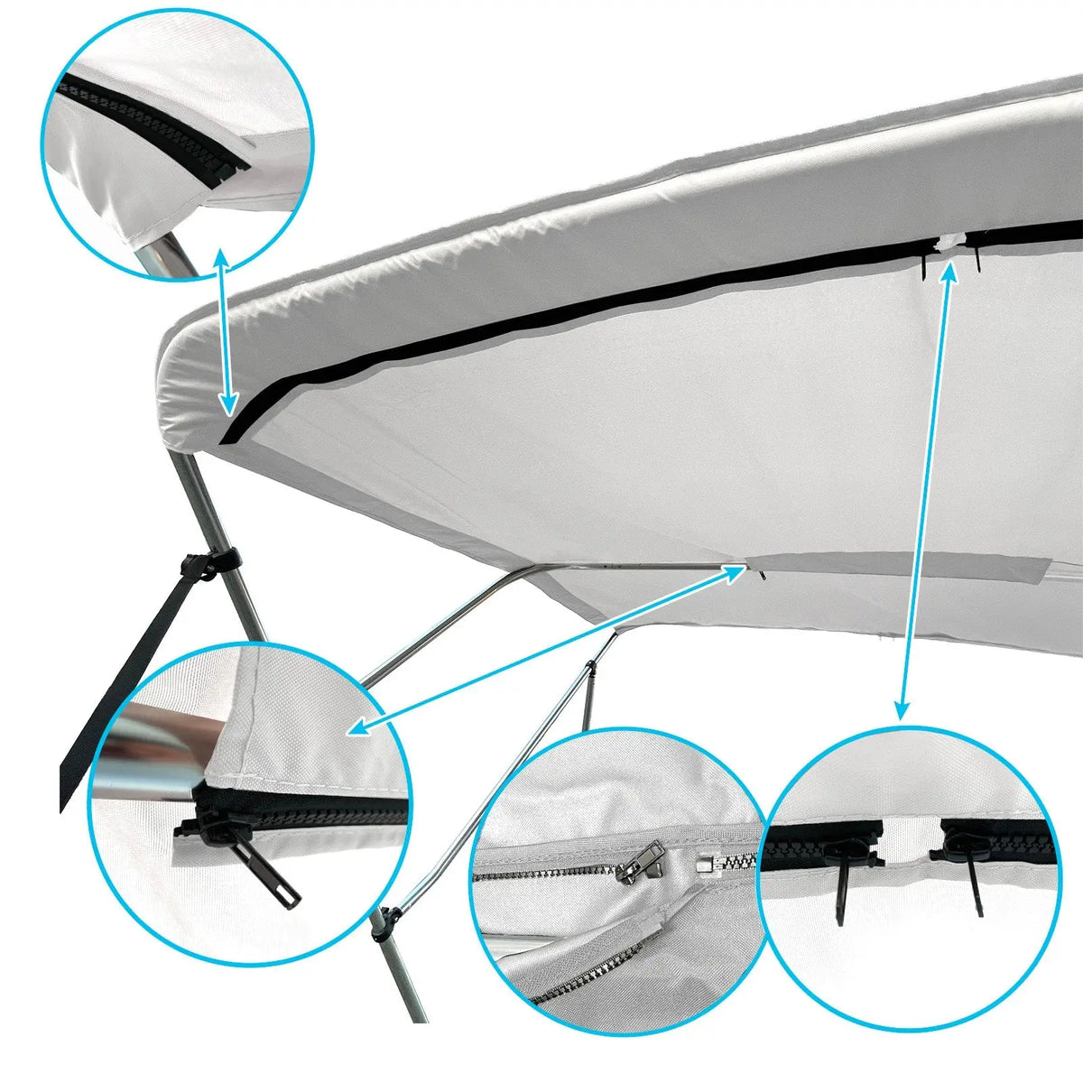 White replacement canvas with durable marine polyester canvas, featuring bound hems and zipper sleeves for easy setup.