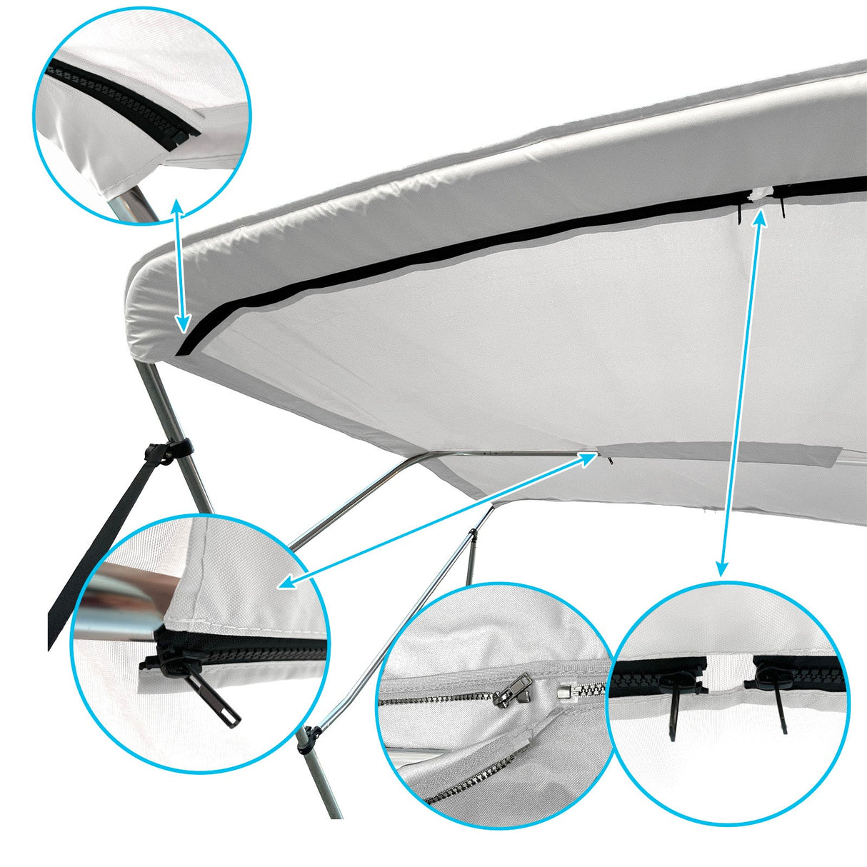 White 4-bow Bimini top with durable marine polyester canvas, featuring bound hems and zipper sleeves for easy setup.