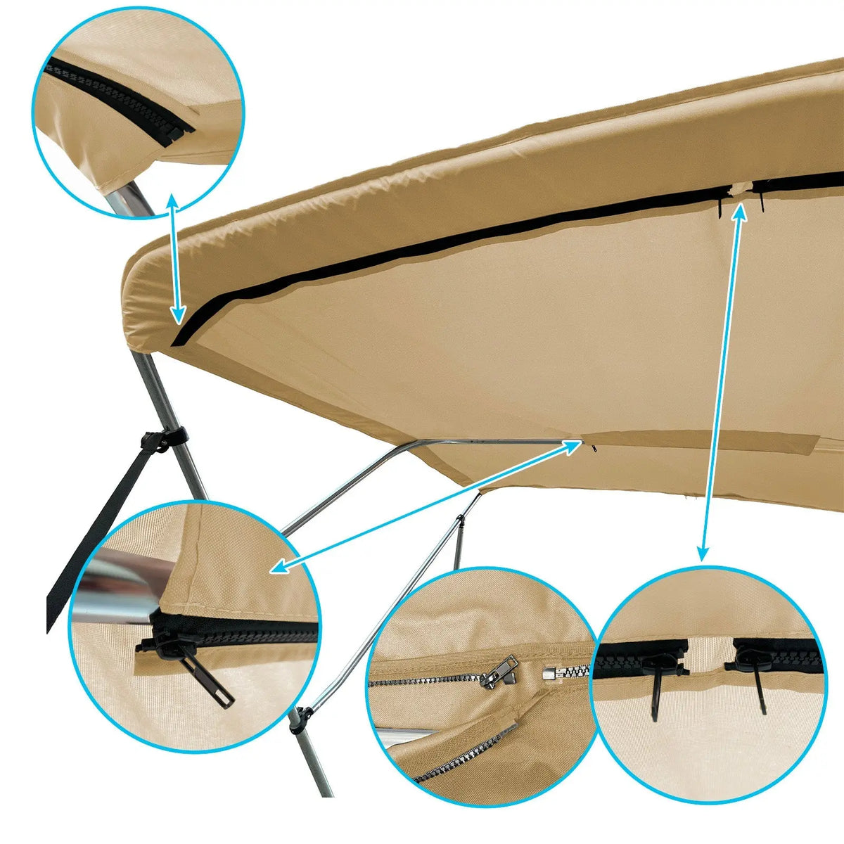 Beige replacement canvas with durable marine polyester canvas, featuring bound hems and zipper sleeves for easy setup.