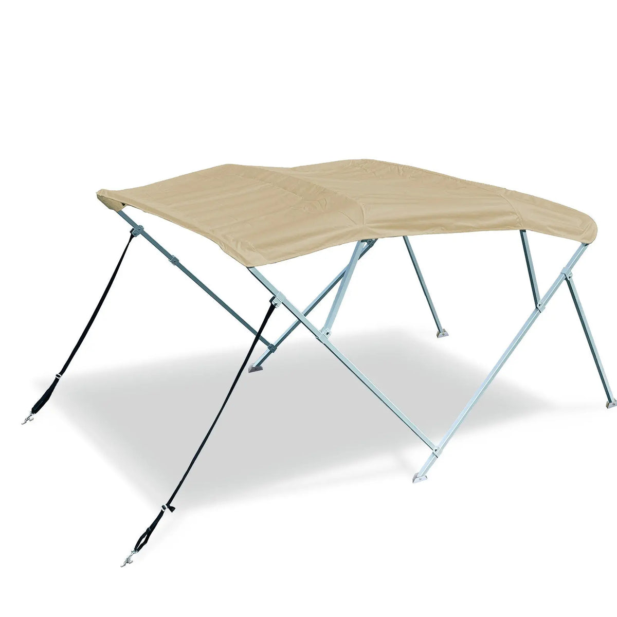 Beige 4-bow boat Bimini top with square aluminum frame, marine-grade polyester canvas, deck mount hardware, rear poles, front straps.