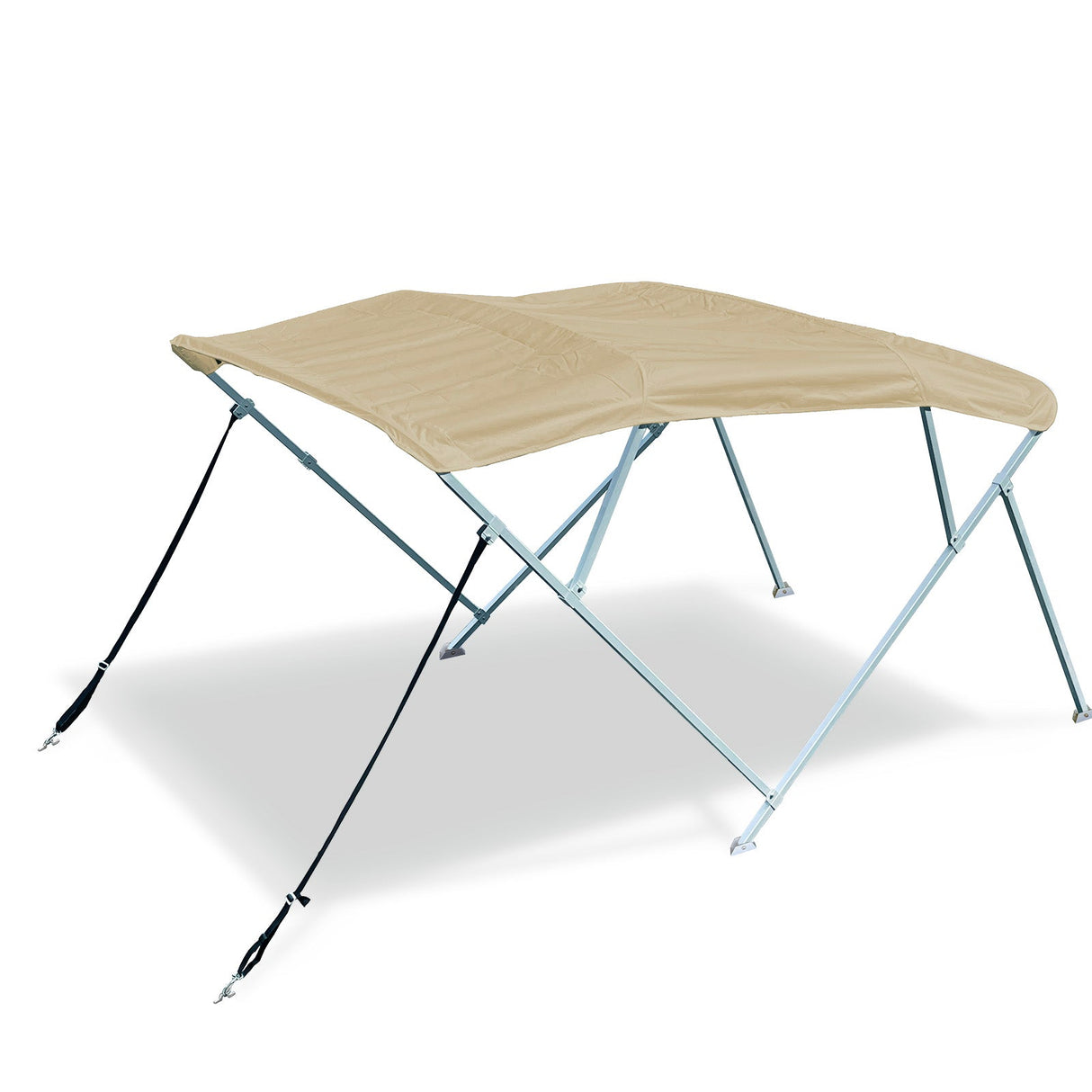 10' Beige 4-bow boat Bimini top with square aluminum frame, marine-grade polyester canvas, boot, rear poles & front straps.