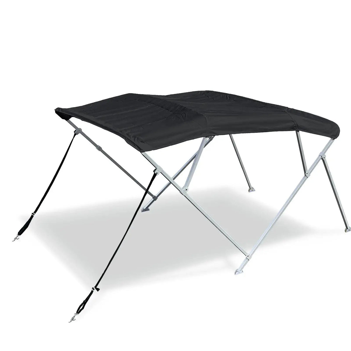 Black 4-bow boat Bimini top with square aluminum frame, marine-grade polyester canvas, deck mount hardware, rear poles, front straps.