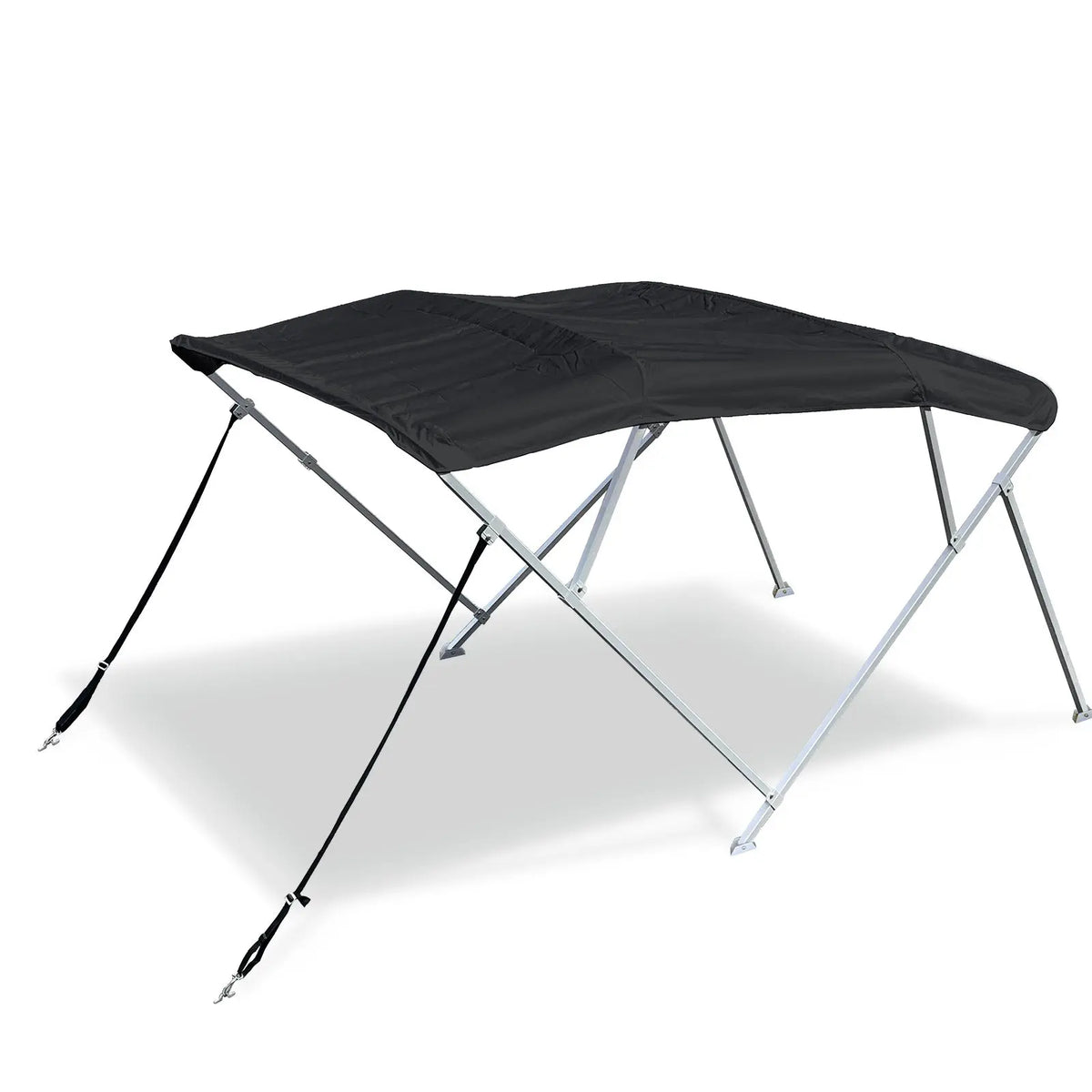 10' black 4-bow boat Bimini top with square aluminum frame, marine-grade polyester canvas, boot, rear poles & front straps.