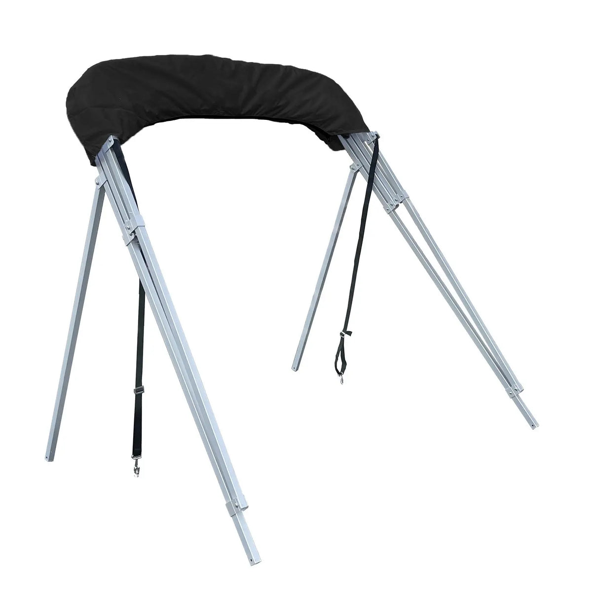 Folded 4-bow Bimini top for boats, stored in black protective boot, featuring square aluminum frame, rear poles, and front tie-down straps.