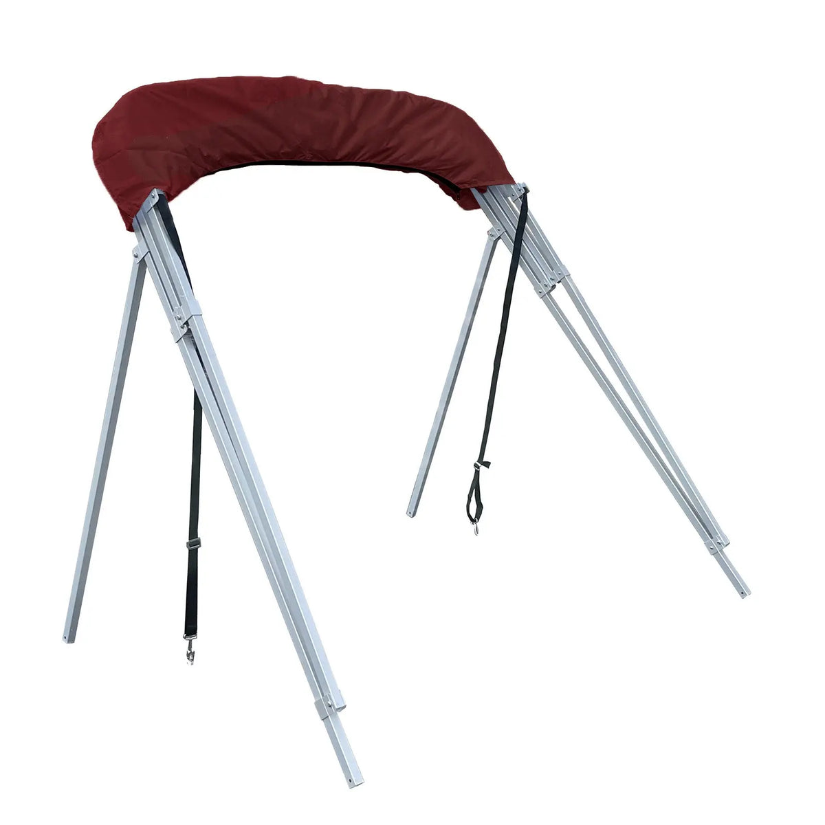 Folded 4-bow Bimini top for boats, stored in marron protective boot, featuring square aluminum frame, rear poles, and front tie-down straps.
