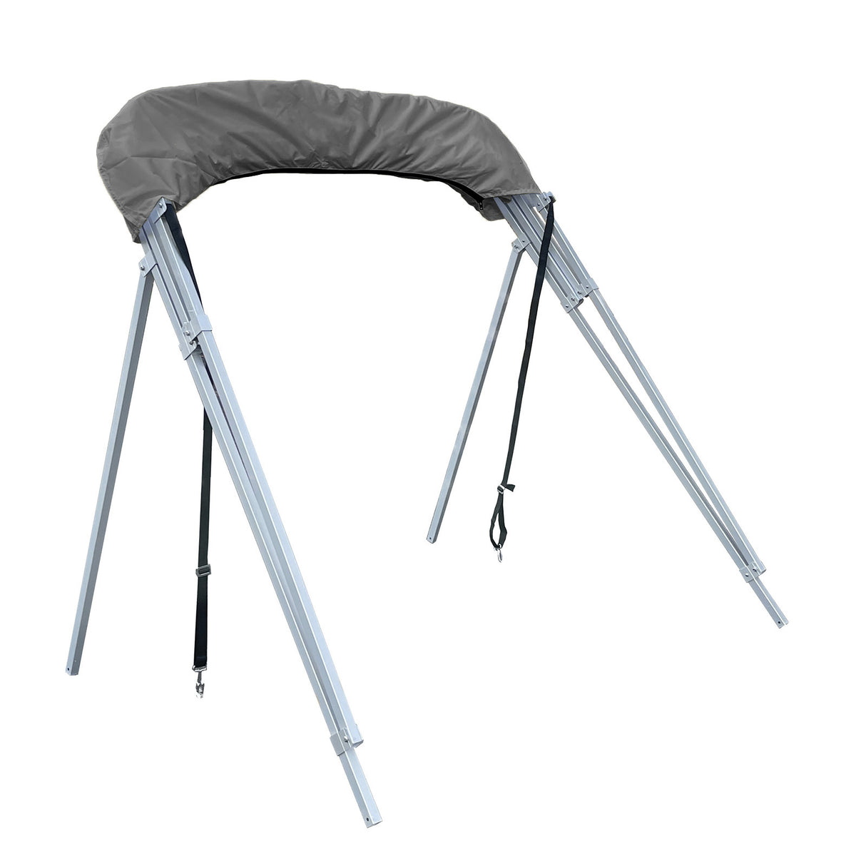 Folded 4-bow Bimini top for boats, stored in gray protective boot, featuring square aluminum frame, rear poles, and front tie-down straps