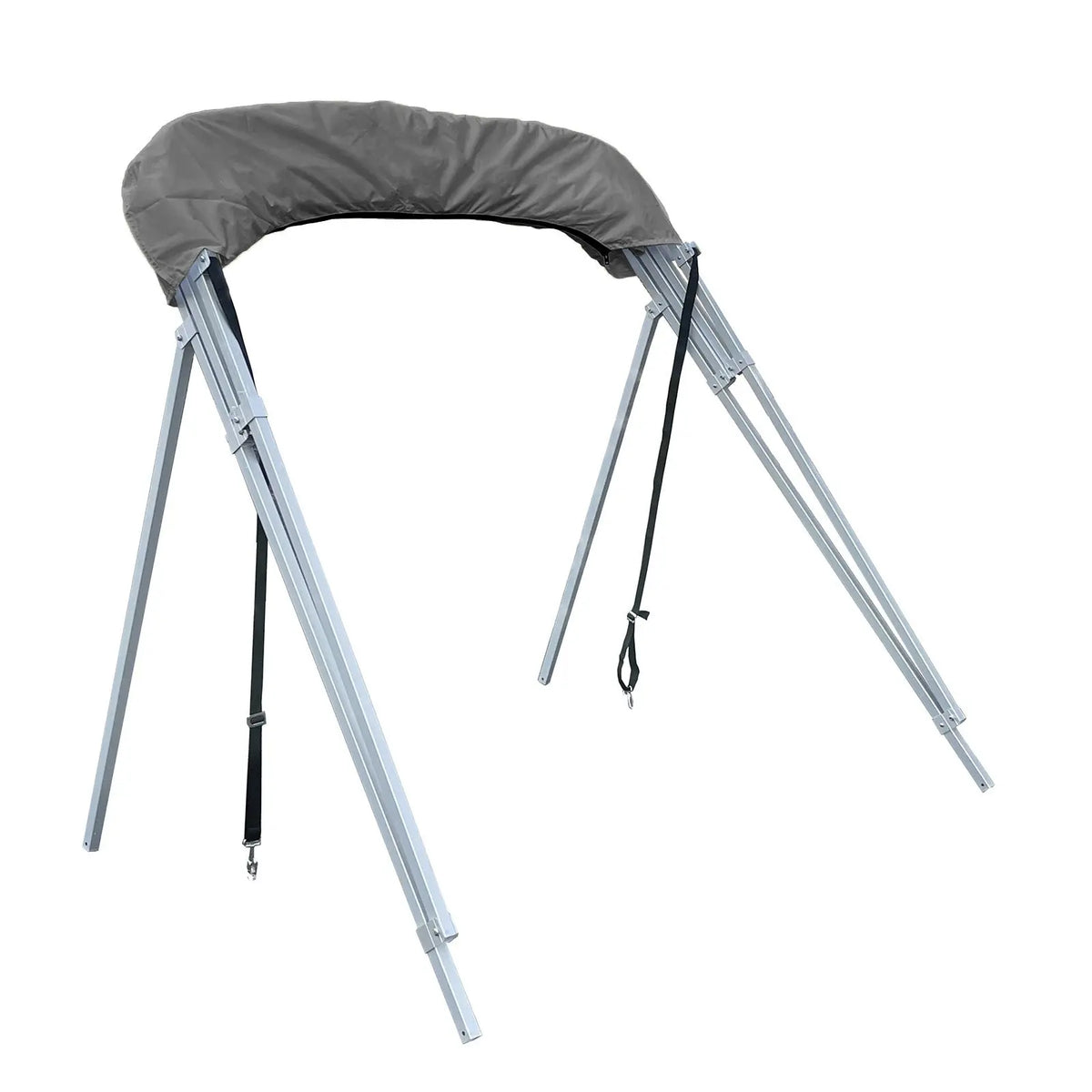 Folded 4-bow Bimini top for boats, stored in gray protective boot, featuring square aluminum frame, rear poles, and front tie-down straps