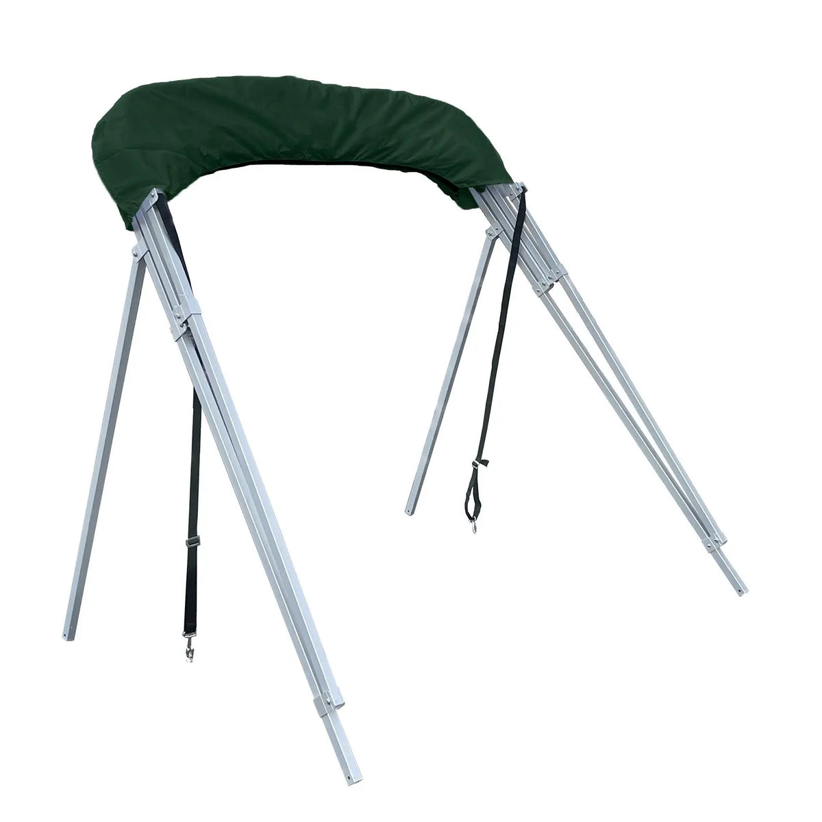 Folded 4-bow Bimini top for boats, stored i green protective boot, featuring square aluminum frame, rear poles, and front tie-down straps.